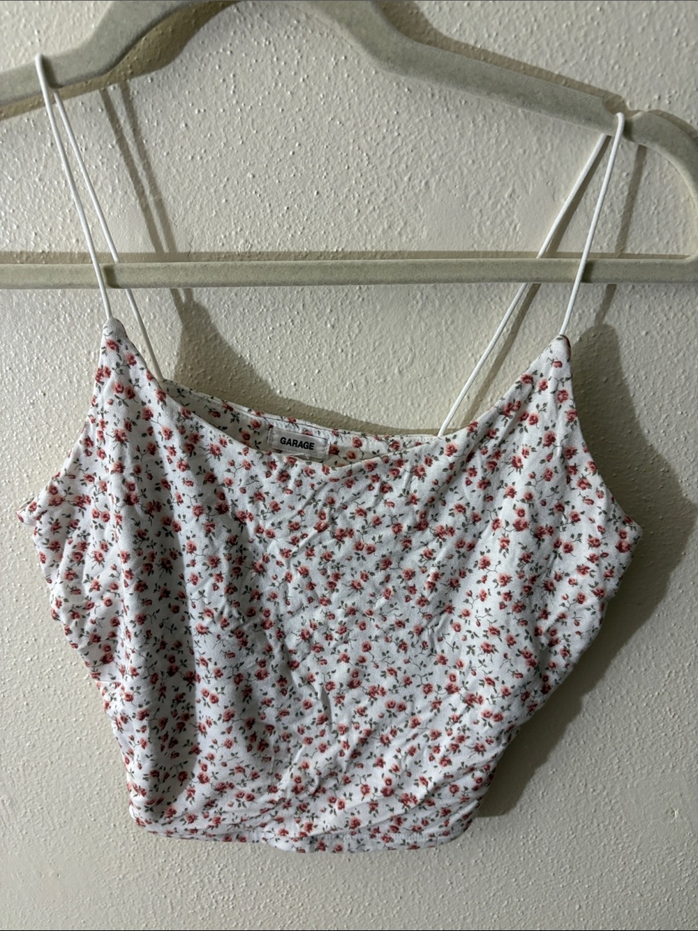 Garage White Cropped Floral Spaghetti-Strap Tank